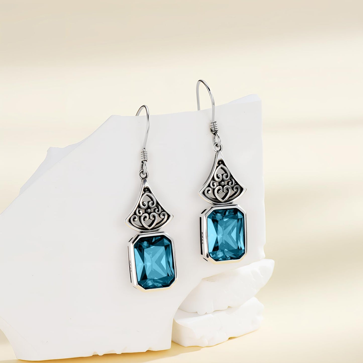 Vintage Earrings 925 Sterling Silver Oxidized Dangle Drop Earrings with Emerald Cut Blue Zircon December Birthstone Anniversary Jewelry Gifts for Women