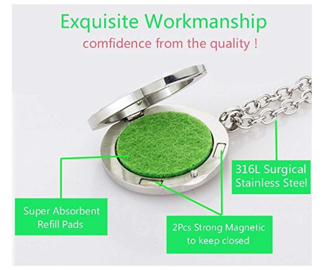 Aromatherapy Essential Oil Diffuser Stainless Steel 30MM Silver Magnetic Locket Pendant 2 Sizes Chain Necklace, Refill Pads & Diffuser Bracelet in a Velvet Bag (Double Fairy)