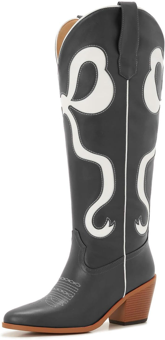 Skiennix Cowgirl Knee-High Boots - Stylish Pink Cowboy Boots for Women