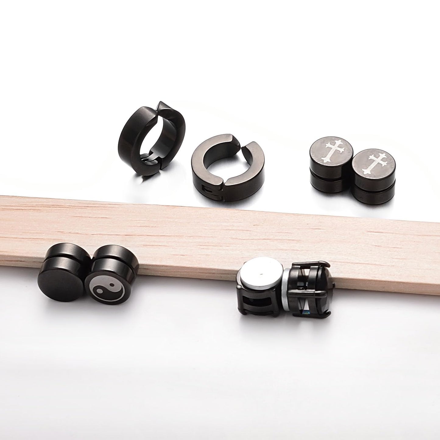 Airokiy 4 Pairs Magnetic Earrings For Men Non Pierced Fake Earrings For Men Black Clip On (8/13mm)