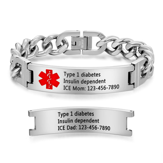 Bijouweled Medical Alert Bracelet for Women Men 7.5 to 9.8 Inches Emergency ID Bracelets Free Engraving Personalized Medic Alert Bracelet for Adult (Silver 7.5-9.8inch 3 sizes)