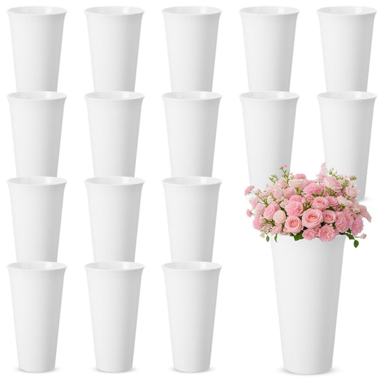 Ninehaoou 16 Pack Flower Buckets 9.84 Inch Plastic Flower Vases Modern Round Vases for Centerpieces Floral Display Decorative Buckets for Table Home Wedding Decorations (Pure White)