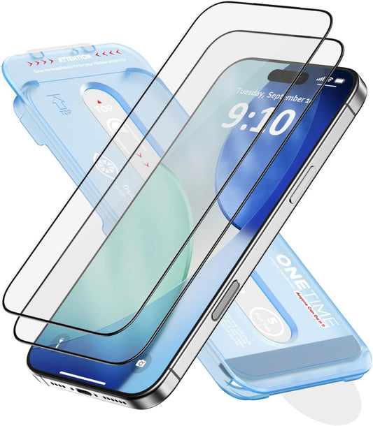 2 Pack 17 FLOLAB NanoArmour ONETIME for iPhone Pro Screen Protector, Tempered Glass, Ultra Clear, InfinityEdge-to-Edge