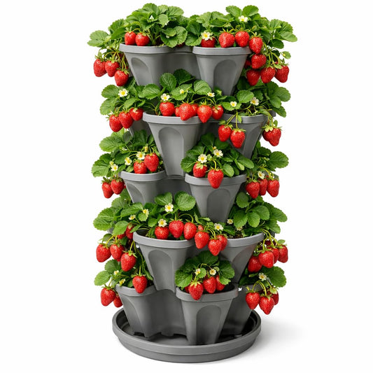5-Tier Stackable Strawberry Garden – 24 Quart Indoor / Outdoor Stacking Planter with Drip Saucer – Grow Herbs, Strawberries, and Flowers from The Kitchen or Backyard – Plant and Stack! Easy Gardening