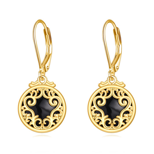 Black Onyx Dangle Drop Earrings for Women Sterling Silver 18K Yellow Gold Plated Filigree Black Onyx Leverback Earrings Jewelry Gifts