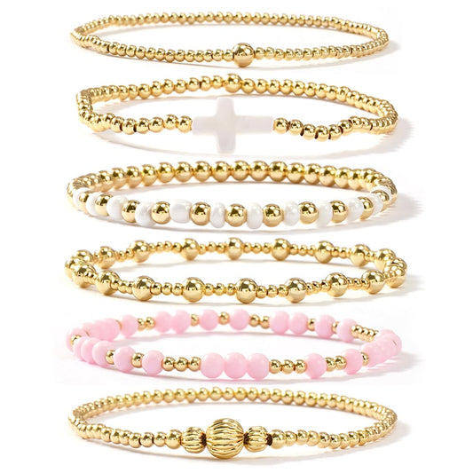 Bohxantium 14K Gold Beaded Bracelets for Women Boho Colorful Gold Beads Ball Stackable Stretch Christian Cross Bracelet Stack Waterproof Trendy Non Tarnish Jewelry Accessories Friendship Gift