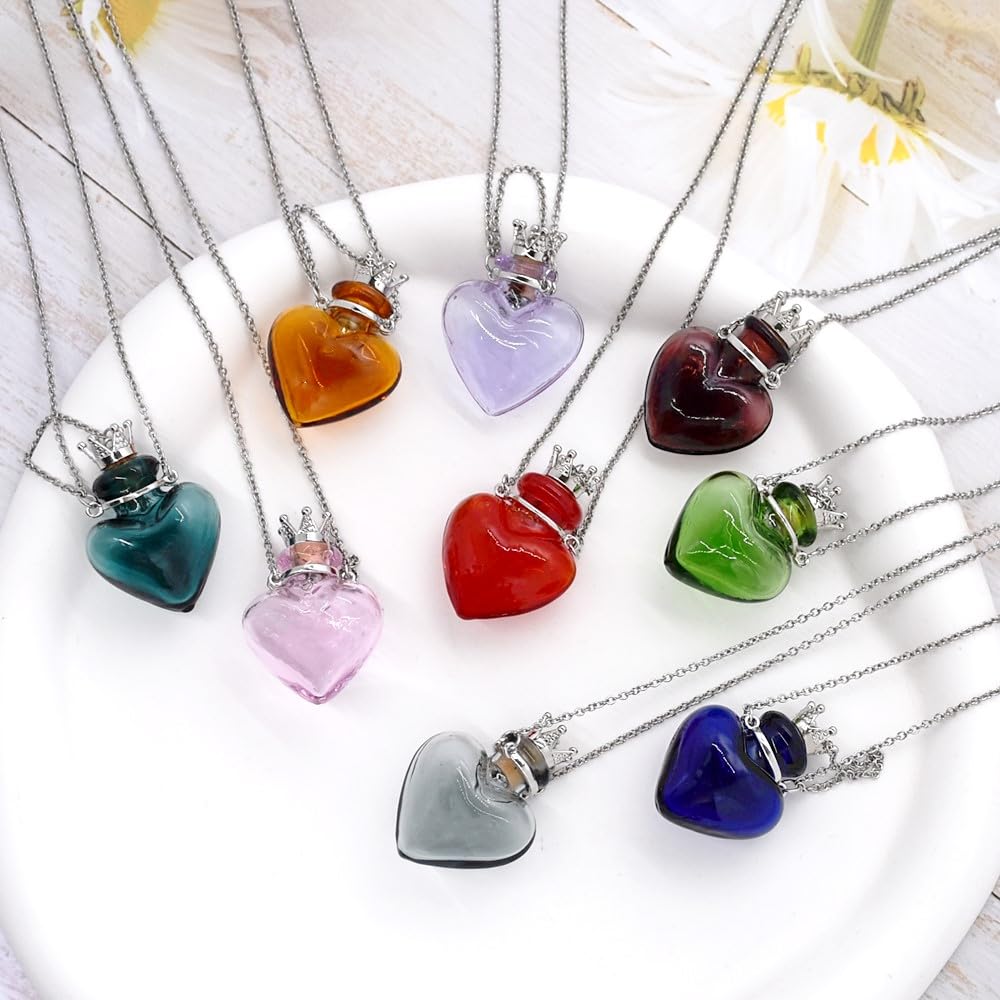 CoolDIY Glaze Glass Heart-Shaped Refillable Essential Oil Necklace Pendant - Aromatherapy Perfume Diffuser Pendant with Stainless Steel Chain (Light Blue)
