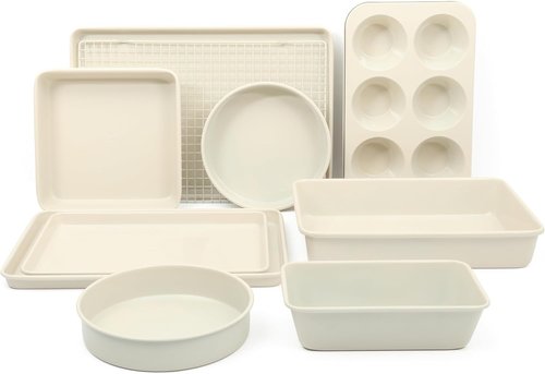 Martha Stewart Gallen 10-Piece Non-Toxic Ceramic Baking Pans Set | PFA-Free Non-Stick Bakeware - Linen White