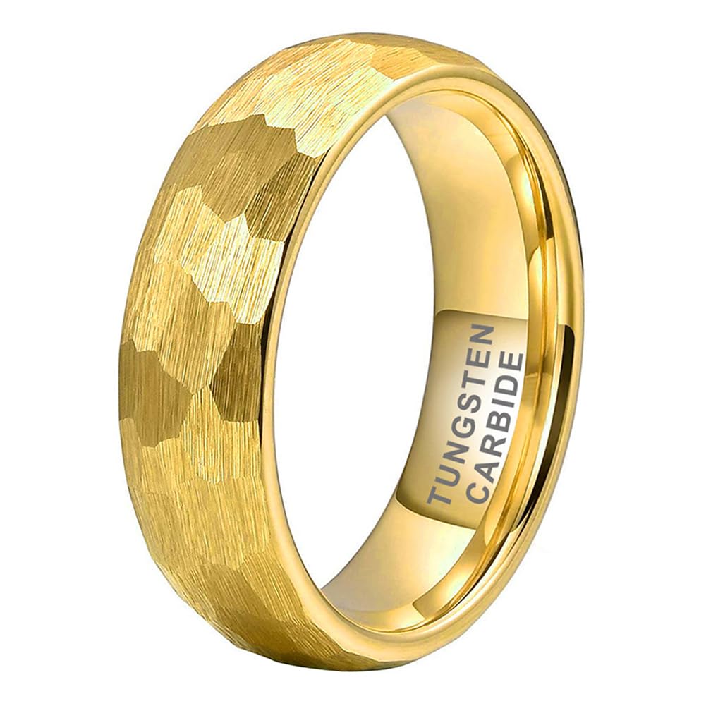 TUTISS 6mm Gold Hammered Tungsten Rings for Men Women Engagement Wedding Bands Domed Matte Finish Comfort Fit Size 5