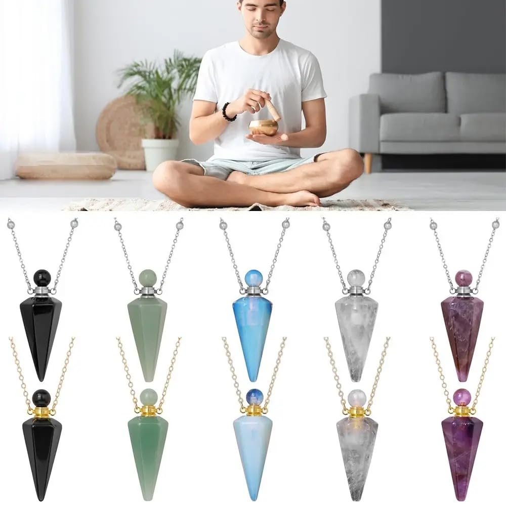 925 Sterling Silver Essential Oil Necklace For Women And Men, Natural Crystal Stone Cone Shape Pendant Necklace Healing Perfume Bottle Necklace Essential Oil Pendant Necklace (6 - Essential Oil Necklace)