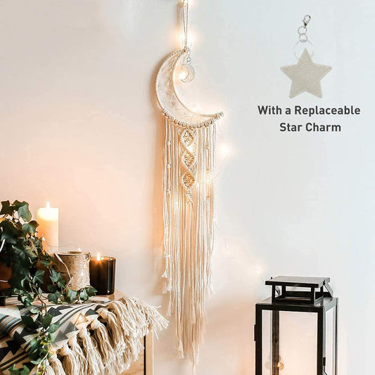 Boho Macrame Woven Wall Hanging, Crochet Crescent Moon Star Dream Catcher with Long Tassel- White Cotton Handmade Bohemian Home Decor Decoration Art Craft for Kids Bedroom Dorm Room