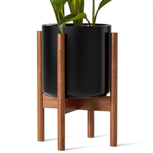 LE TAUCI 12 Inch Planter with Acacia Wood Stand, Large Ceramic Indoor Plant Pot with Drainage Hole & Plug, Mid Century Modern Plant Holder for Fiddle Leaf Fig, Monstera, Snake Plant, Black