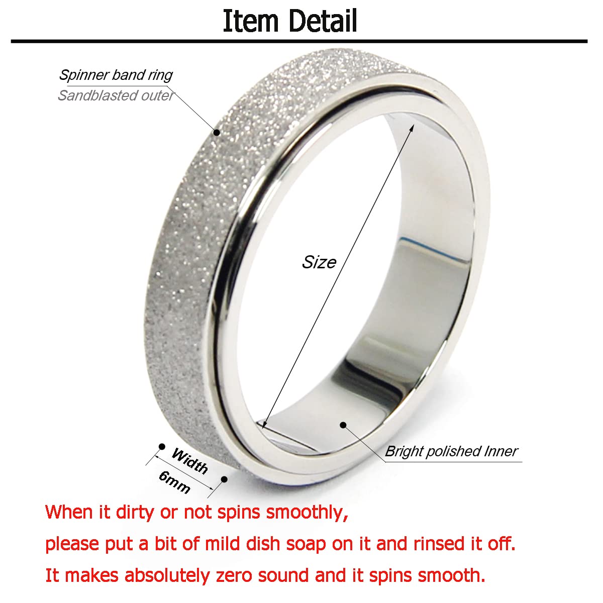 OreilleStar Anxiety Ring for Women Fidget Spinner Ring Fidget Toys Adults Titanium Stainless Steel Thumb Ring 6mm Wide Sivler Size 7