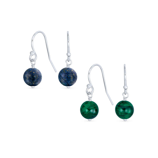Bling Jewelry .925 Sterling Silver Green Malachite & Navy Blue Lapis Lazuli Bead 8mm Dangle Ball Drop Earrings For Women French Fish Hook Wire (Set of 2)