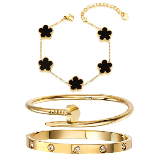 18K Gold Plated Stainless Steel Love Nail Bangle Clover Bracelet Set Stackable Dupes for Love Trendy Jewelry (Gold and Black)