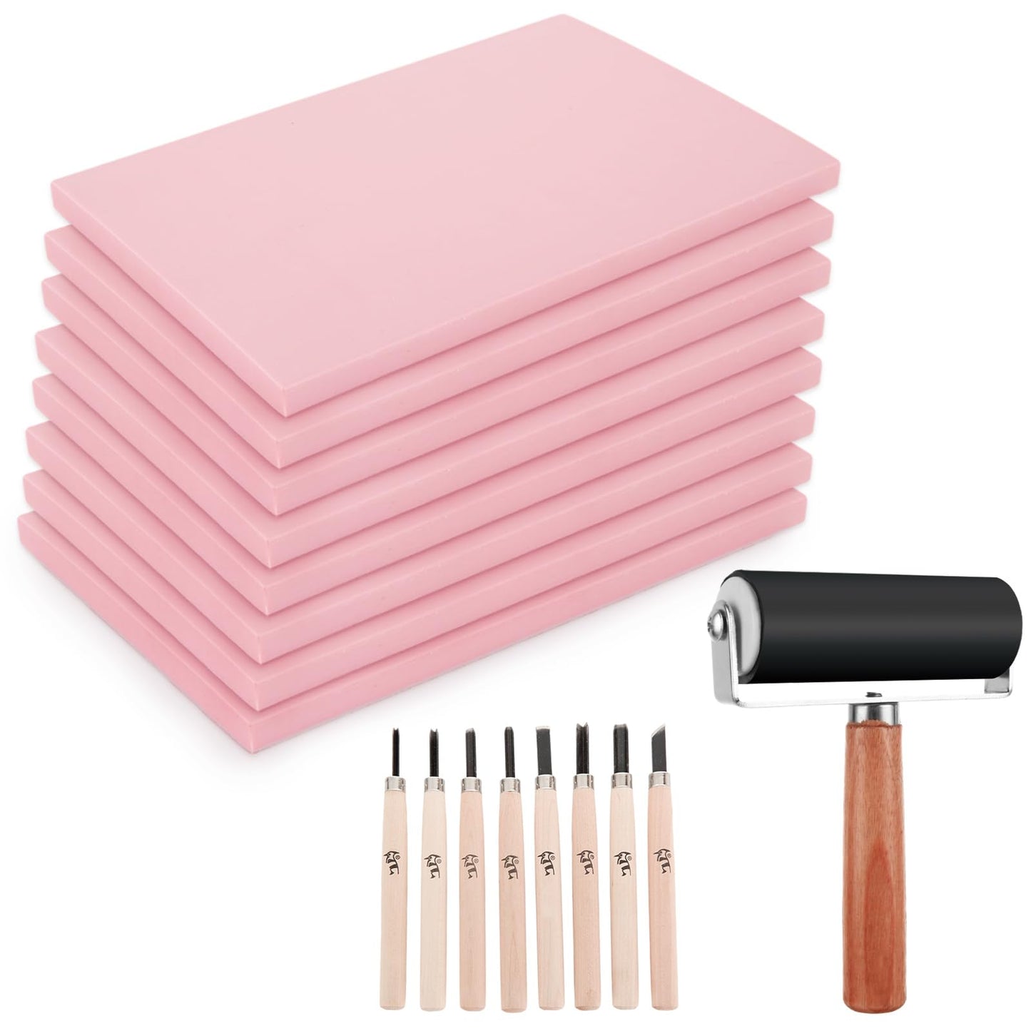 FVIEXE 8PCS 4x6 Inch Linoleum Carving Blocks for Printmaking, Rubber Linocut Block Stamp Making Kit with Wood Carving Tools and Rubber Brayer Roller, Soft Stamp Carving Kit for DIY Crafts