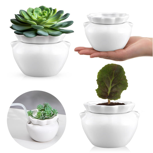 Sunnychicc 4 Set 4 Inch African Violet Pots Self Watering White Ceramic Planter Highly Absorbent Inner Planter Pot for Indoor Plants Plant Lovers Ideal Plant Pot Thriving Plant Flower Maintenance