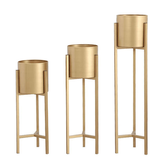 Myyixilau Gold Metal Plant Stand Set, Modern Minimalist Floor Standing Planter Holder with Cylindrical Pot, 3 Piece Indoor Decorative Flower Rack
