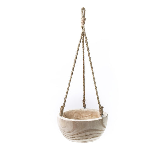 CYS EXCEL Meduim Wooden Hanging Planter Paulownia Wood Bowl Basket with Jute Rope for Indoor Plants Succulents