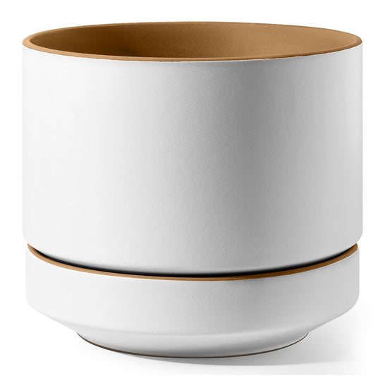 LE TAUCI 12 Inch Pot for Plants with Saucer, Ceramic Indoor Planter Pot with Drainage Hole, Mesh Pad Included, Matte Glazed Outside, Modern for Home and Office, Alpine White & Ochre