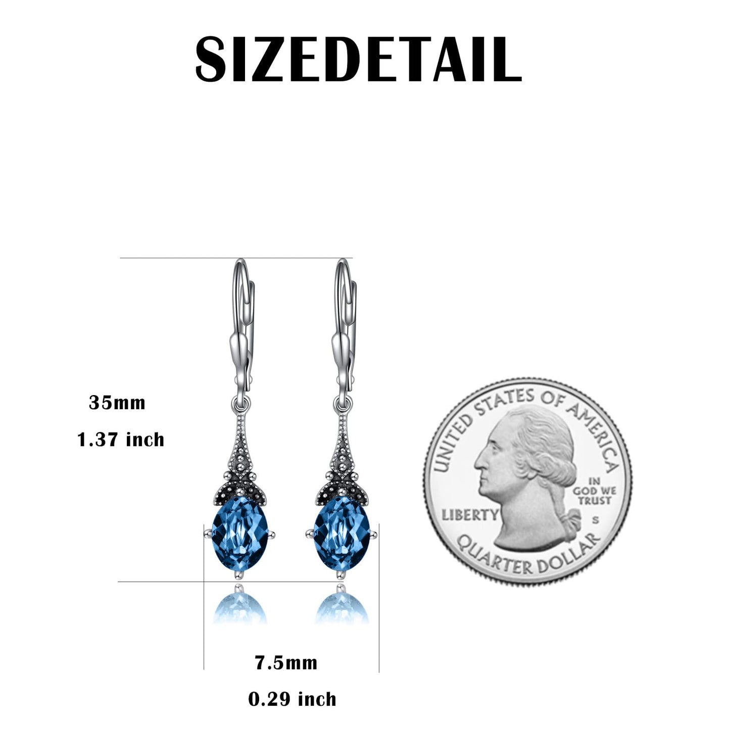 London Blue Earrings 925 Sterling Silver Vintage Retro Leverback Dangle Drop Earrings with Simulated Topaz Birthstone Crystals, Birthday Jewelry Gifts for Women