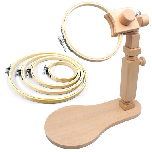 Biaungdo Adjustable Rotated Embroidery Hoop Stand with 5 Pack 5 Sizes Hoop, Wooden Embroidery Holder Frame for Cross Stitch, DIY Craft Sewing Projects