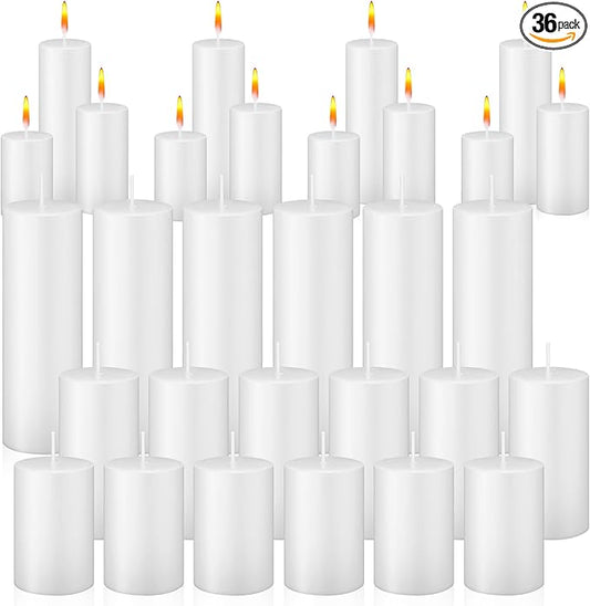 MTLEE 36 Pcs Pillar Candles Bulk Unscented Candle Set 38 Hour Long Burning Dripless for Dinner Emergency Wedding Spa Party(3 Sizes,White)