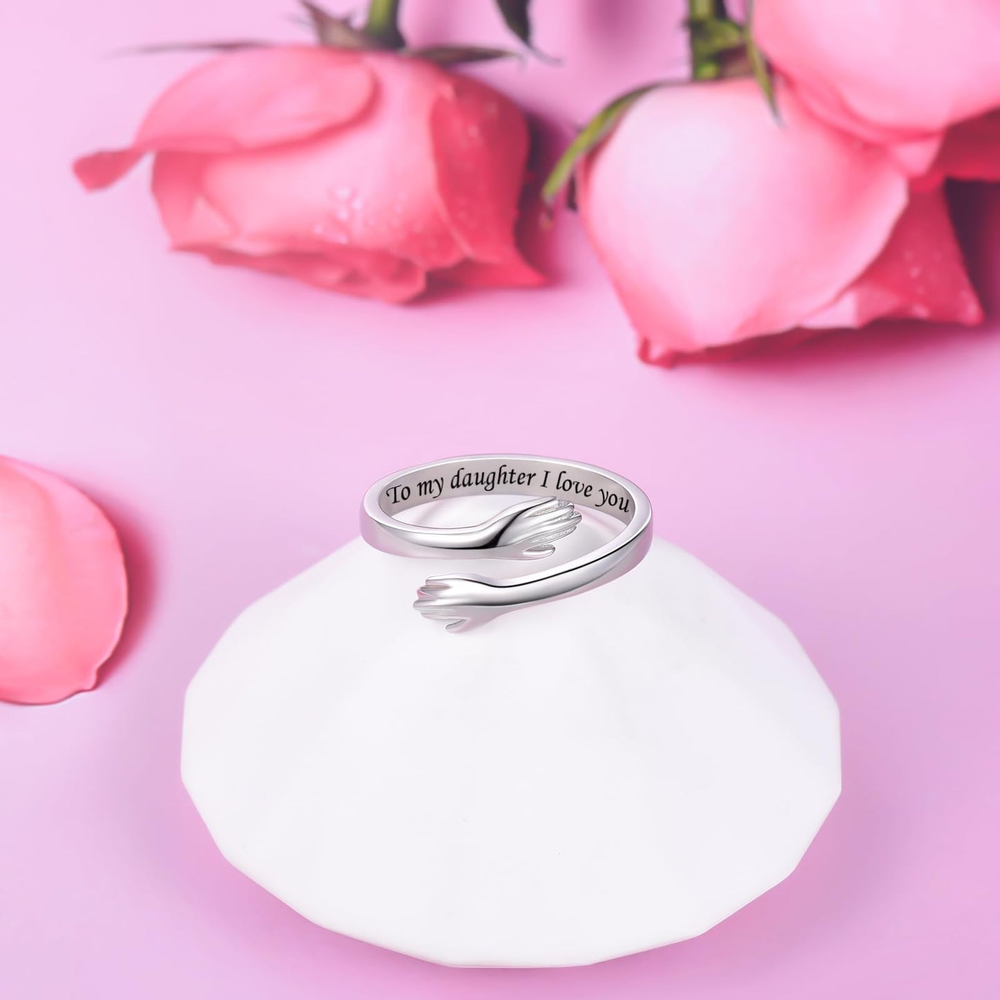 ACJFA Hug Rings for Women Sterling Silver Adjustable Ring for Women Daughter Hand Ring Jewelry for Birthday Gifts Holiday Gift (To my daughter I love you)