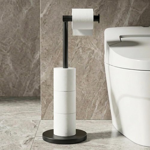 Cesun Toilet Paper Holder - Free Standing Matte Black Design with Heavy Weighted Base | Stainless Steel Storage