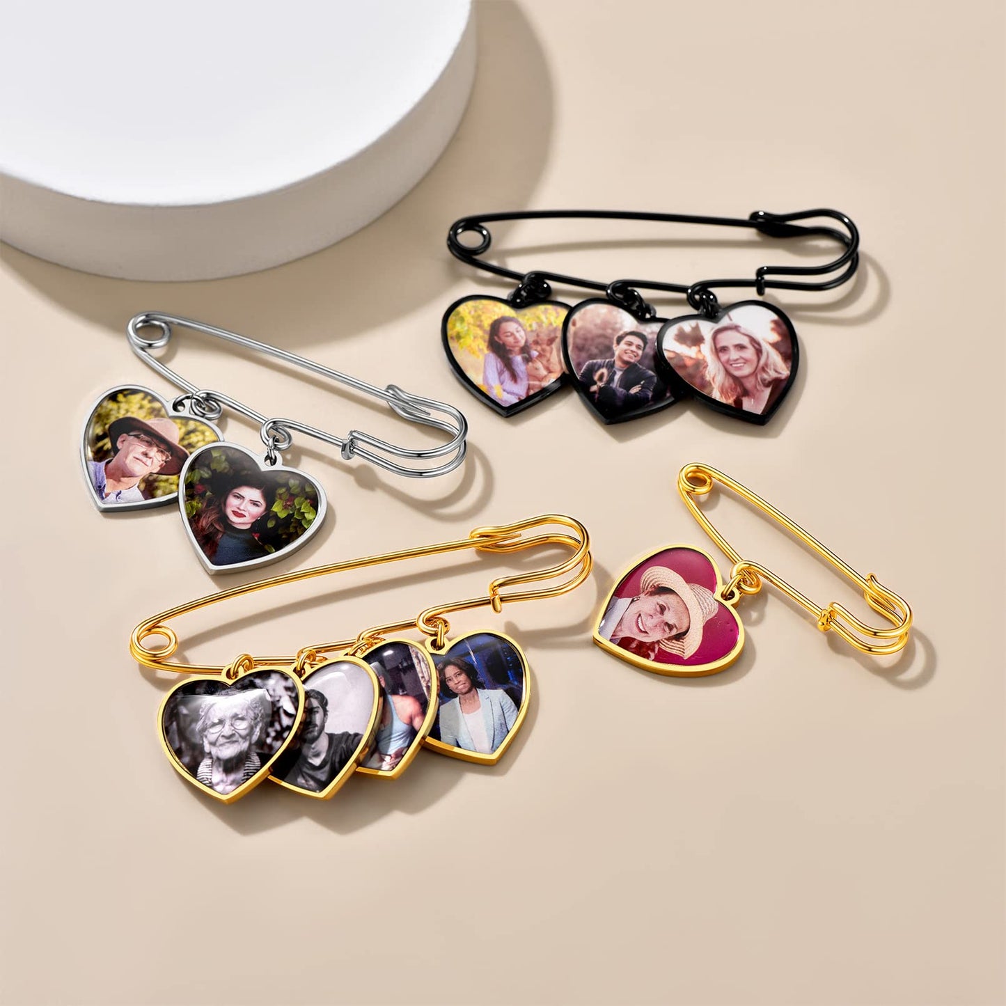 Custom4U Memorial Charm for Wedding Bouquet Heart Shaped Memory Charms Brooch Pins Funeral Boutonniere with 2 Pictures Engraved