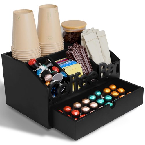 ADDFIT HOUSE Coffee Bar Organizer for Countertop - Wooden Coffee Organizer Condiment Station, Coffee Station Organizer for Home & Office, K Cup Stand for Counter, Tea Box - Black Drawer Type