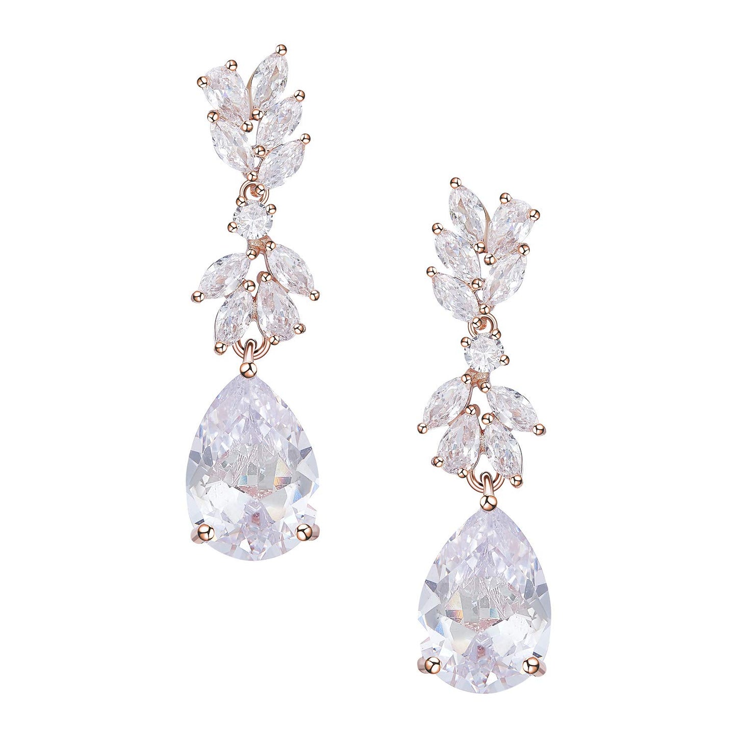 SWEETV Rose Gold Plated Marquise Wedding Earrings for Brides, Bridesmaids, Teardrop Crystal Cubic Zirconia Bridal Drop Earrings for Women Prom