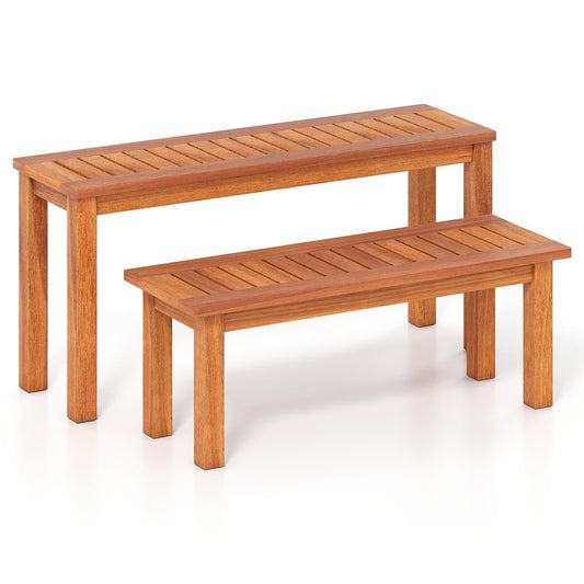 HOMGX Wooden Plant Stand Set of 2, Multifunctional Outdoor Backless Garden Bench with Slatted Seat, Easy Assembly, Rustic Flower Display Shelf for Yard, Entryway, Max Load 330 lbs, Natural