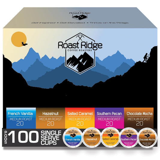 Roast Ridge Coffee Pods - Single Serve Variety Pack for Keurig | 100 Count (20 Each: Salted Caramel, Southern Pecan, Chocolate Mocha, Hazelnut, French Vanilla)