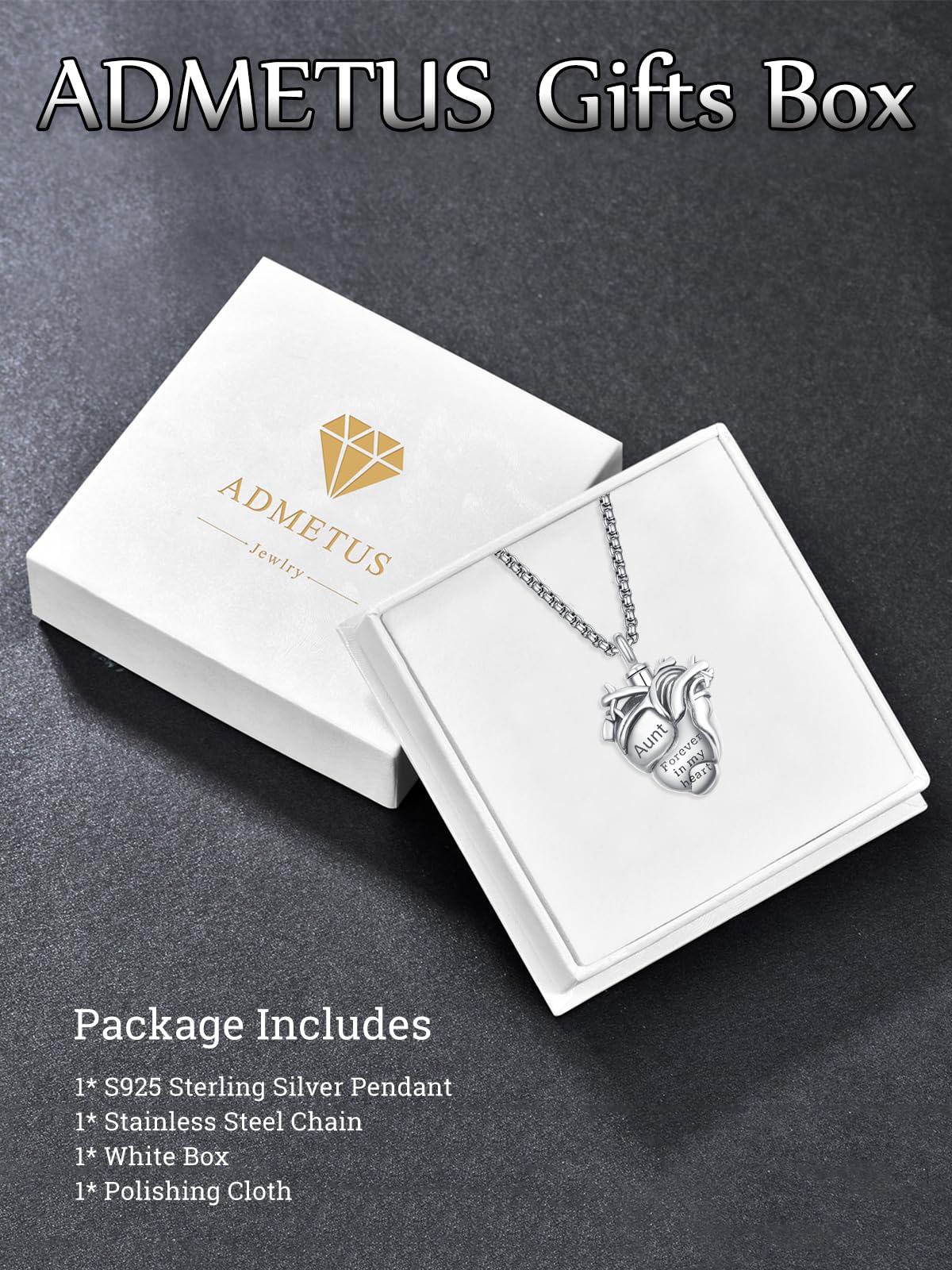 Anatomical Heart Urn Necklaces for Ashes Sterling Silver Ash Pendants Cremation Jewelry Aunt Keepsake Pendant Memorial Jewelry Gifts for Loss of Aunt