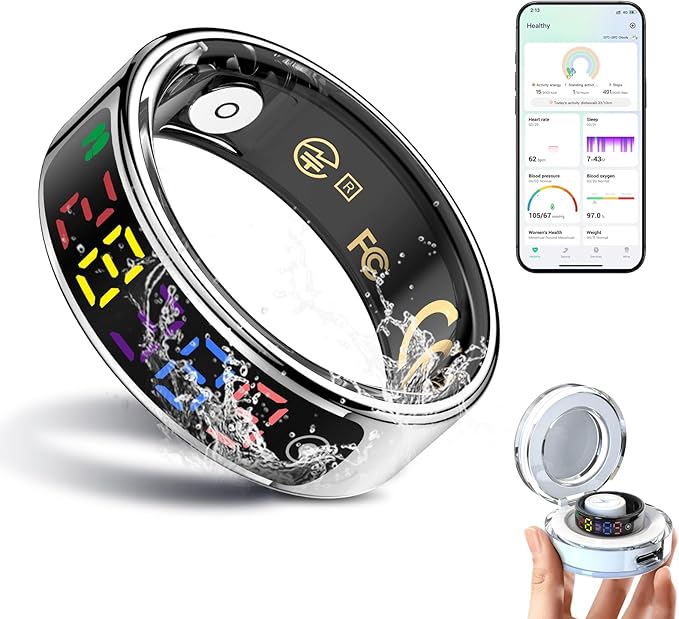 Smart Ring for Women Men, Health Ring with Colorful Display, Fitness Tracker with Heart Rate, Blood Oxygen, Sleep Monitor, No Subscription Fee, 5ATM Waterproof for iPhone & Android (Silver, 12)