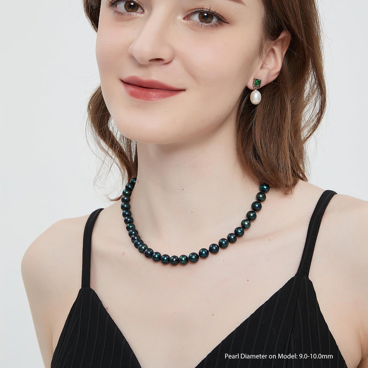 YAMI Tahitian Black Pearl Necklace, Natural Saltwater Cultured Round Pearl 9-10mm Strand Necklace with 925 Sterling Silver Clasp, Anniversary Mother's Day Jewelry Gifts for Women