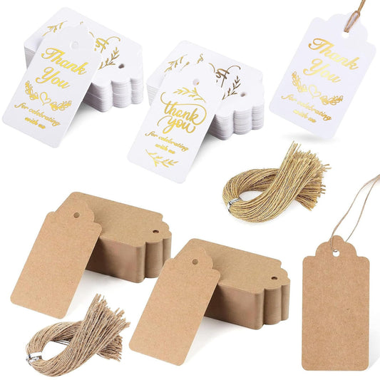 200PCS Gift Tags Set, White Gold Stamp Thank You + Brown Kraft Hang Tags with Strings for Wedding, Baby Shower, Parties & DIY Crafts