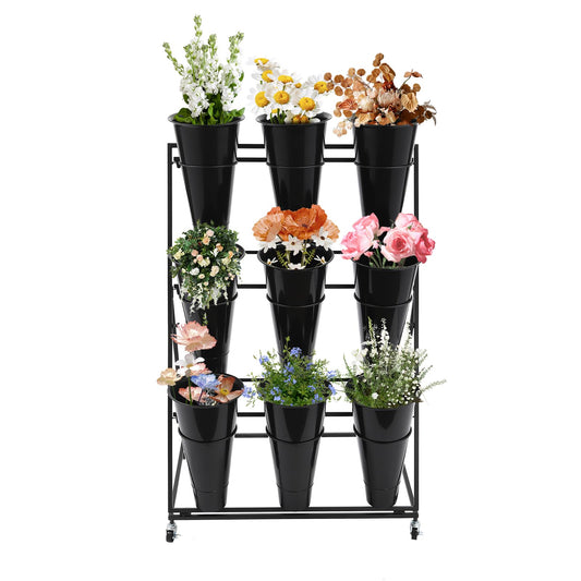 lxrnqcey Flower Display Stand, Moving Plant Cart Shelf Indoor Outdoor Flower Rack with 9Pcs Buckets, 3 Layers Metal Plant Holder with Wheels for Patio Balcony Garden (Black)