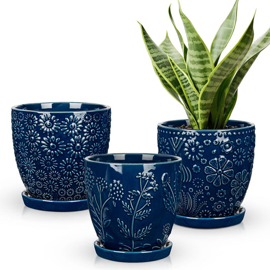 Hollyone Set of 3 Blue Ceramic Planter 6 Inch Flower Plant Pot with Drainage Hole and Saucer for Plants Embossed Indoor Outdoor Garden Embossed Ceramic Glazed Round Pot for Succulent Orchid