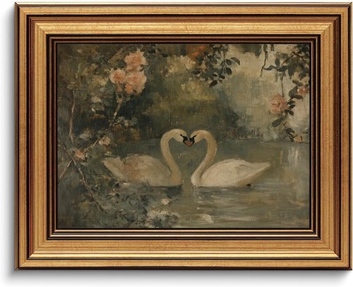 Gold Framed Canvas Art - Vintage Swan Couple Prints | Romantic Cottagecore Wall Decor 8x10in