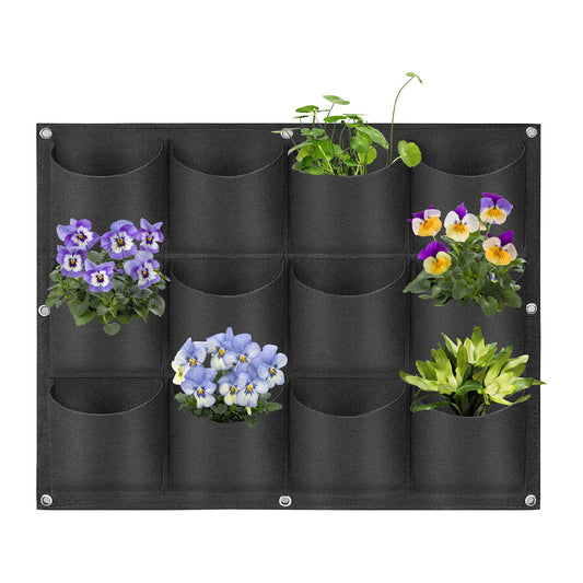 12 Pockets Hanging Planter Bags, Hanging Vertical Wall Mounted Plant Planting Grow Bags, Herb Garden Planter Outdoor Indoor Growing Bag, Gardening Vertical Greening Flower Container(0.6m×0.8m, Black)