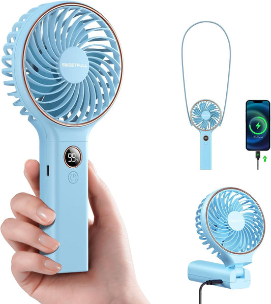 Sweetfull Handheld Portable Fan - 5000mAh Rechargeable Battery, 6 Speed Wind, LED Display | Mini Travel Fan