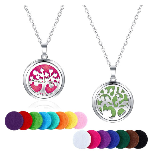 2 Pack Aromatherapy Essential Oil Diffuser Necklace Tree of Life Pattern, Muulaii Stainless Steel Locket Pendant with 24 Inch Chain Unique Gift Ideas for Women, Girls, Friend, Mom
