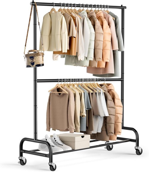 MISSLO Heavy Duty Clothing Rack - Adjustable Double Rod Garment Rack on Wheels | Black Metal Design