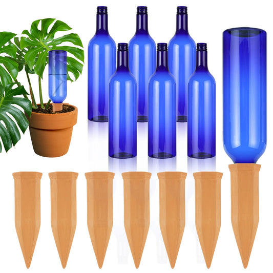 TINSKY 6 Sets Plant Watering Devices Terracotta Self Watering Spikes and 26 Oz Plastic Blue Bottles Slow Release Vacation Plant Waterer Automatic Planter Insert for Indoor Outdoor Plants