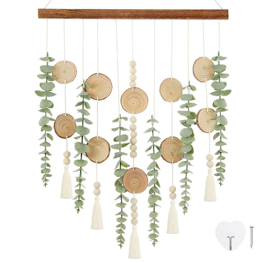 Boho Wall Decor Artificial Eucalyptus Wall Hanging Decor Fake Eucalyptus Plants hunging on Carbonized Wooden Stick for Bathroom Bedroom Nursery Living Kitchen Dining Room