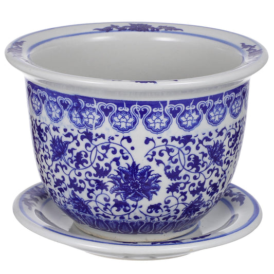BESPORTBLE Blue and White Porcelain Decorative Flower Pot Ceramic Planter Pot with Drainage Hole and Saucer for Bonsai Plants Flower Aloe Indoor Home Decoration, 6.6 * 4.68in