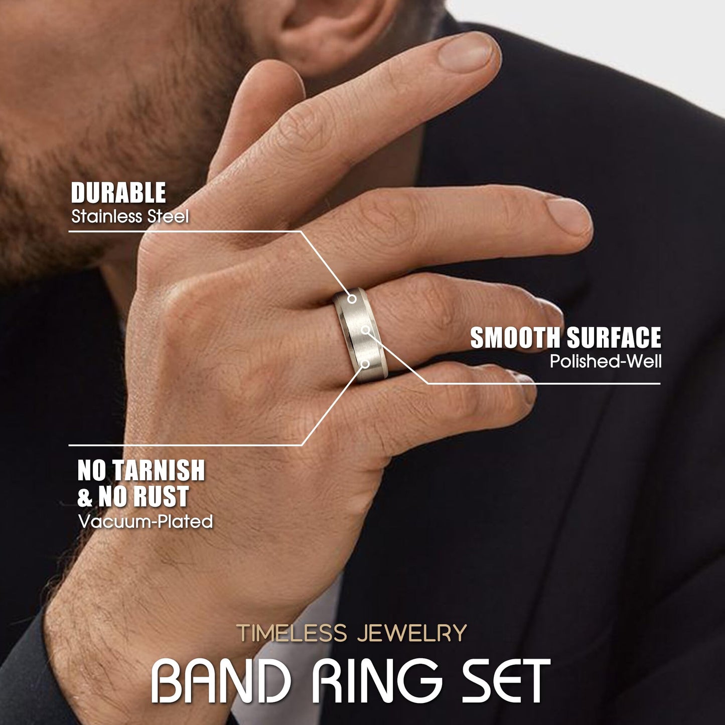 Jstyle Stainless Steel Rings for Men Women 8MM Wedding Band Rings Matte Surface - Beveled Polished Edge Mens Ring Size 7.5 Silver Plated Ring for Men