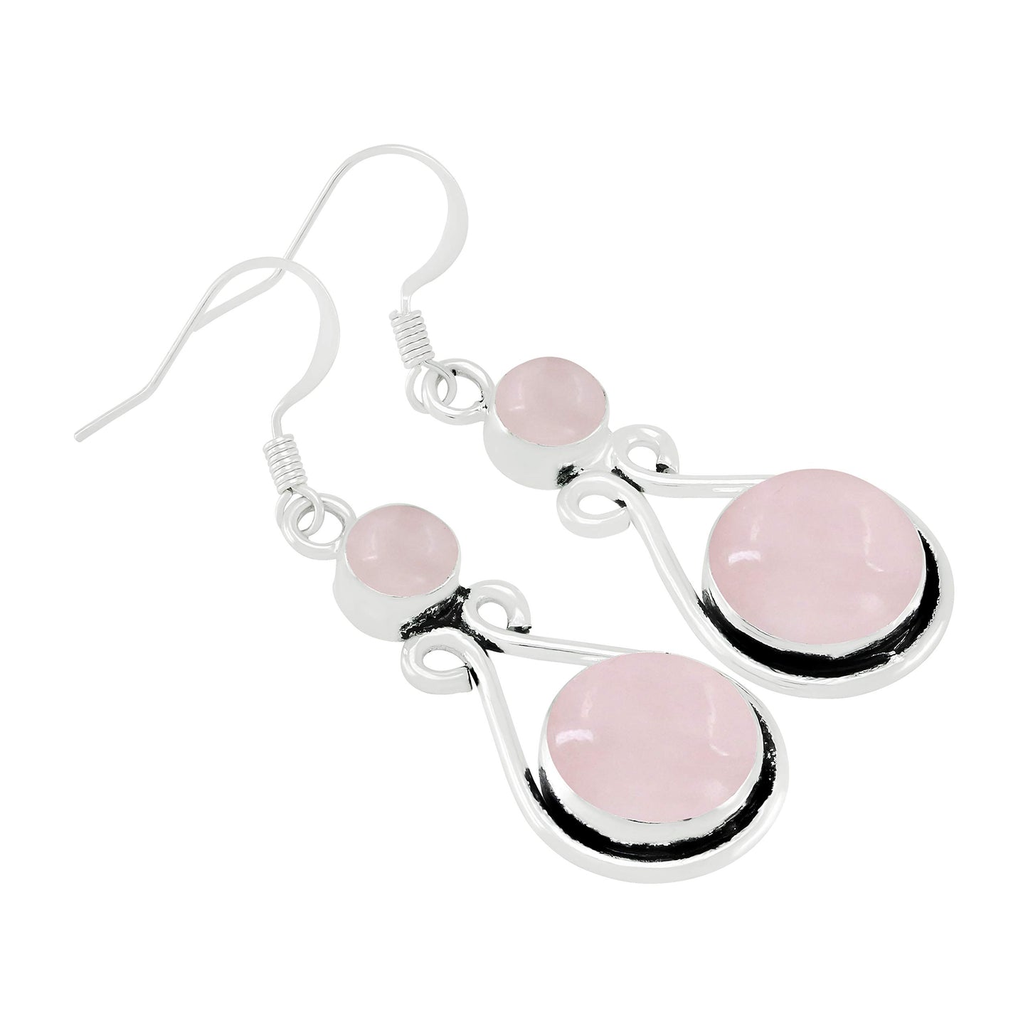 Natural Rose Quartz Silver Plated Dangle Earrings for Women - Januray Birthstone Round Gemstones Drop Earrings Handmade Jewelry - Valentine's Day Gift for Her